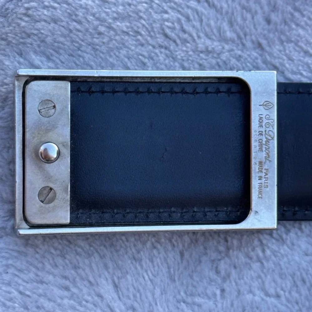 ST Dupont Paris Black Leather Belt Silver Buckle Laque Chine Made 44/110 France